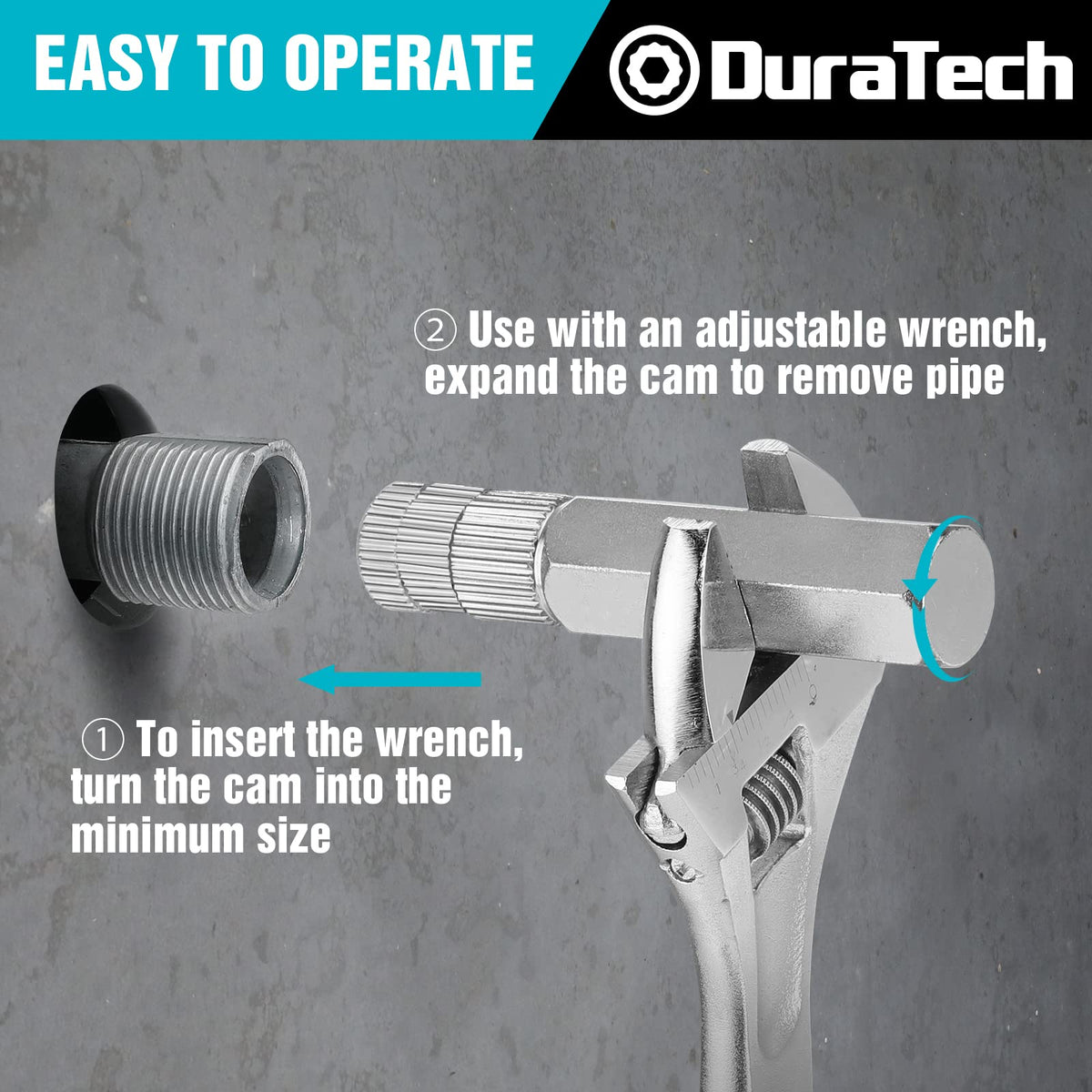 DURATECH pipe nipple extractor in action, turning counterclockwise to loosen fittings.