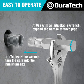 DURATECH pipe nipple extractor in action, turning counterclockwise to loosen fittings.