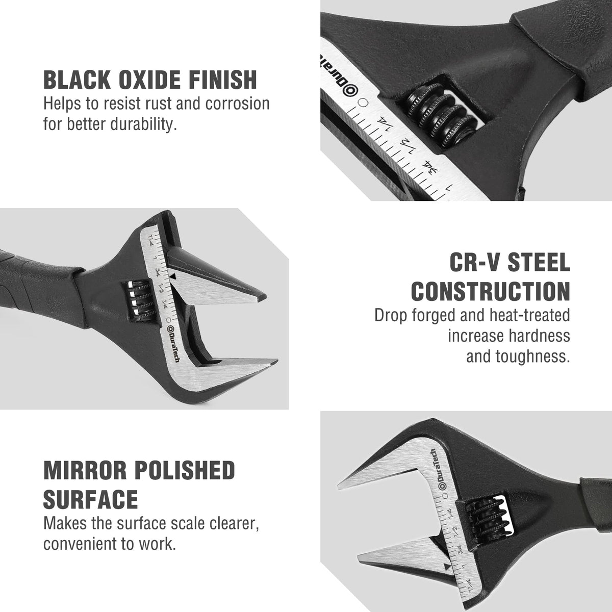 DURATECH polished wrench head enhances scale clarity for quick measurements.