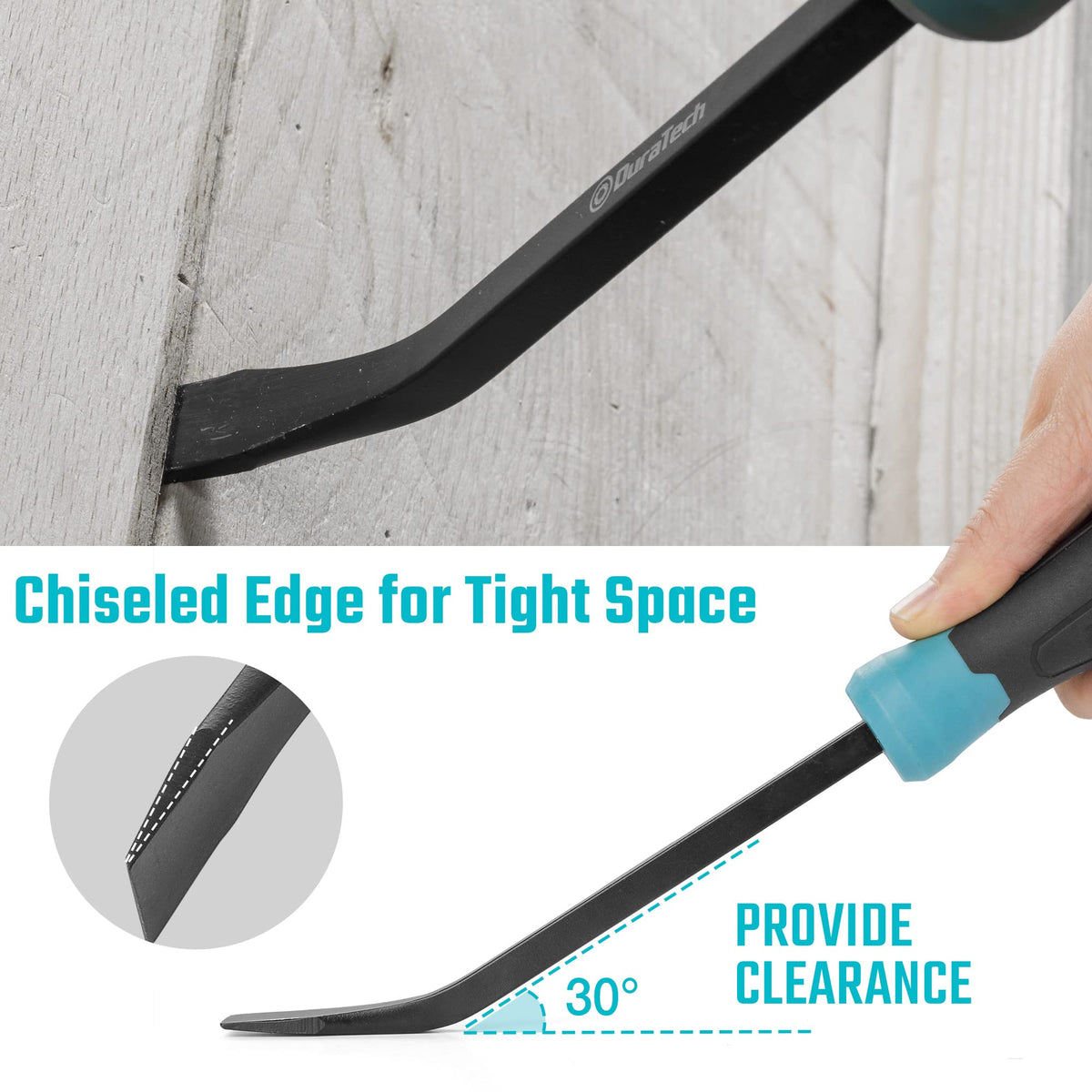 Duratech pry bar angled tip designed to enhance leverage between objects.
