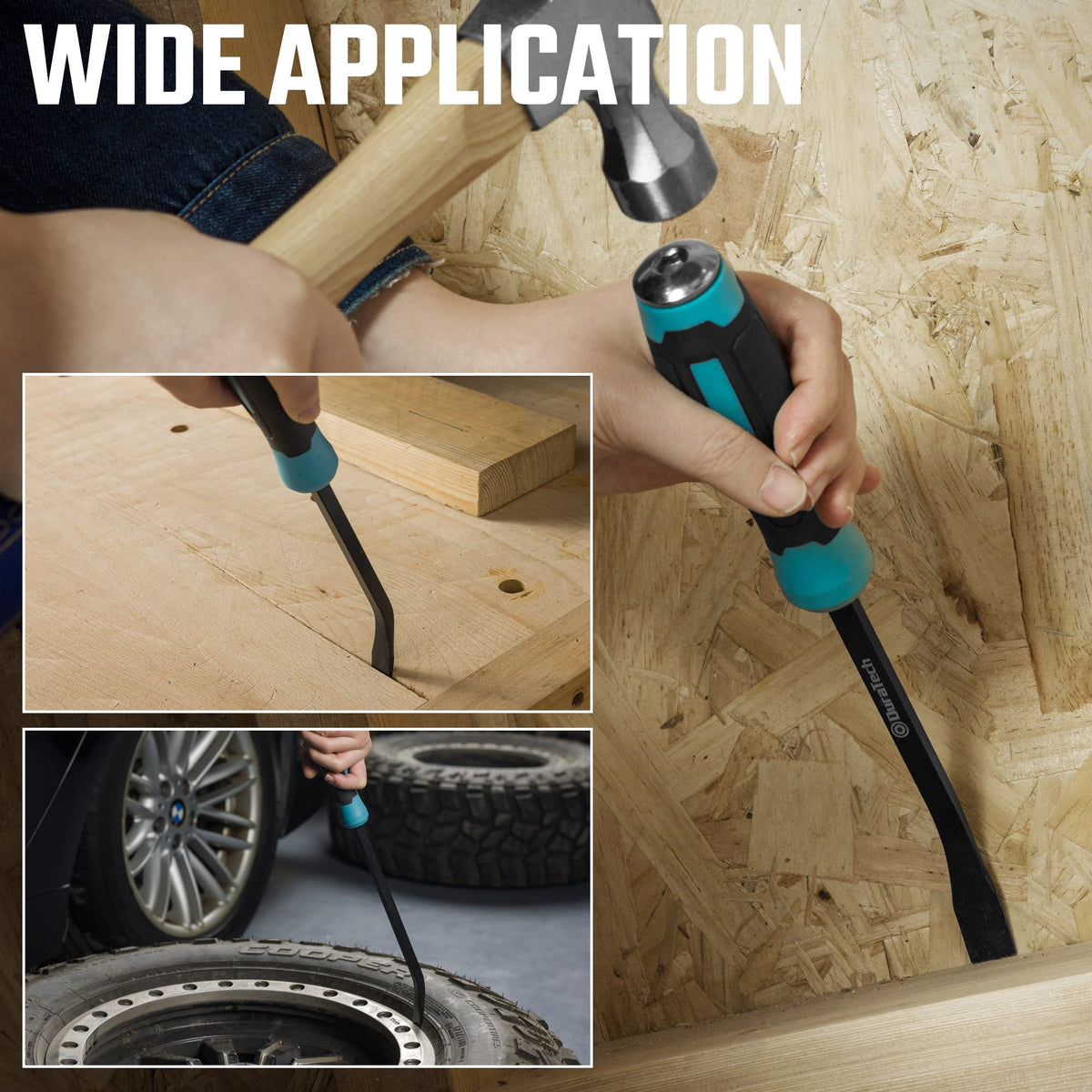 Duratech pry bar in use for baseboard and tile removal in tight spaces.