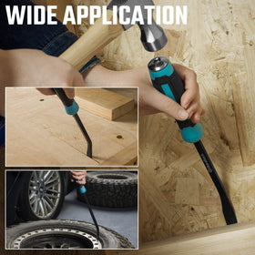 Duratech pry bar in use for baseboard and tile removal in tight spaces.