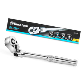 DURATECH quarter-inch flex-head ratchet in action with 180-degree pivot for tight spaces.