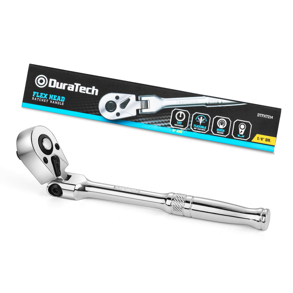 DURATECH quarter-inch flex-head ratchet in action with 180-degree pivot for tight spaces.