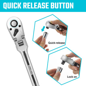 DURATECH quick-release ratchet button for fast socket changes and efficiency.