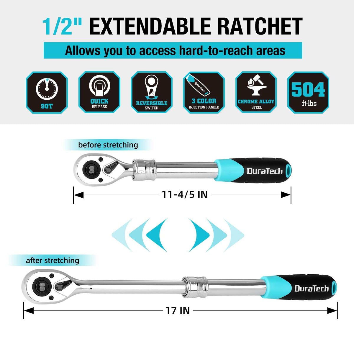 Duratech quick-release ratchet button close-up enables fast socket changes during projects