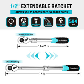 Duratech quick-release ratchet button close-up enables fast socket changes during projects