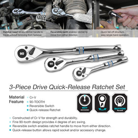 Duratech 3-piece ratchet set with 1/2 inch drive for heavy fasteners.