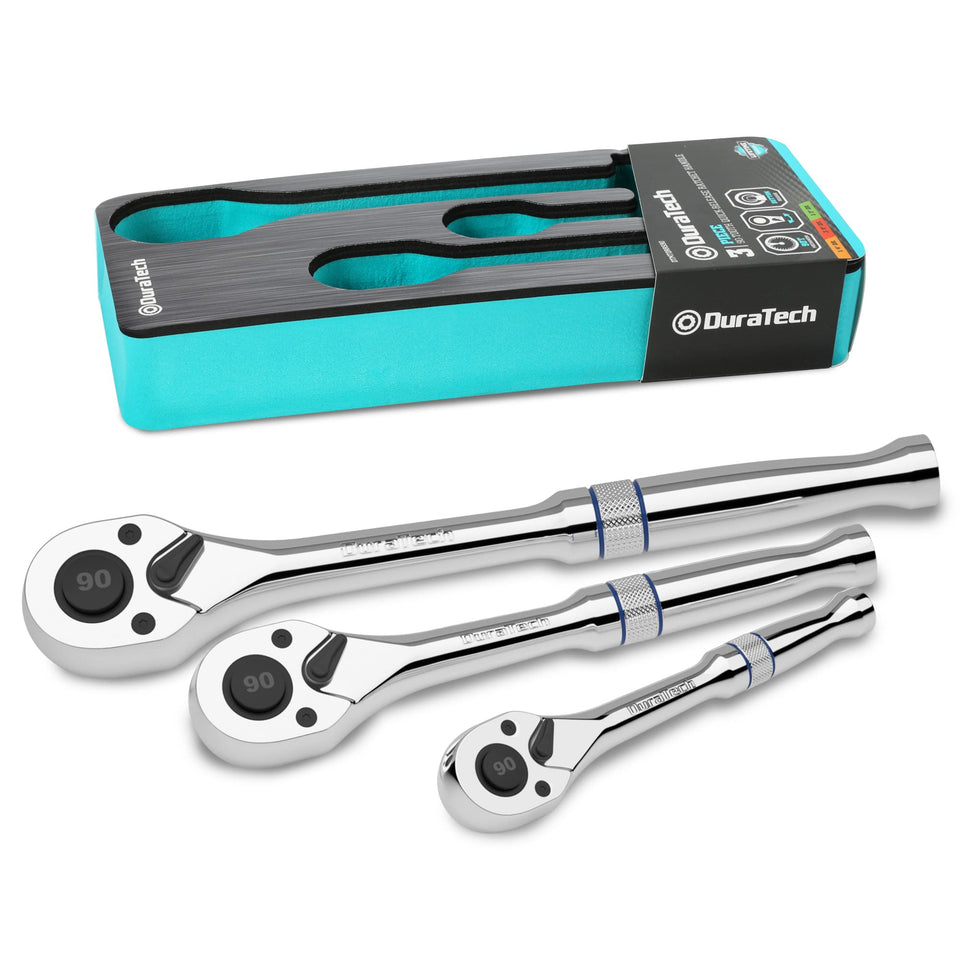 Duratech 3-piece ratchet set with 1/4 inch drive for fast turning in tight spots.