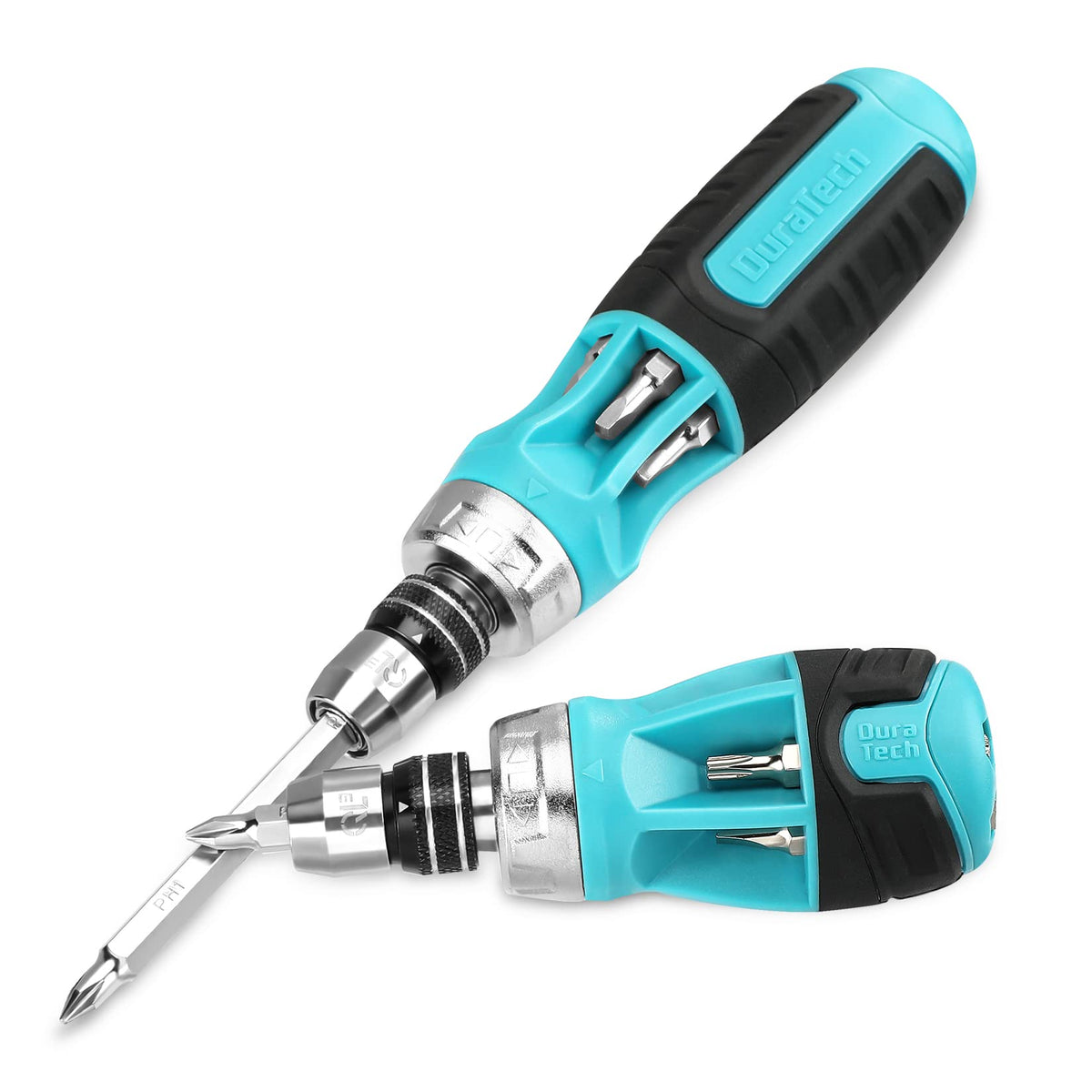 DURATECH standard 12-in-1 ratcheting screwdriver with quick-load bits for faster setups.