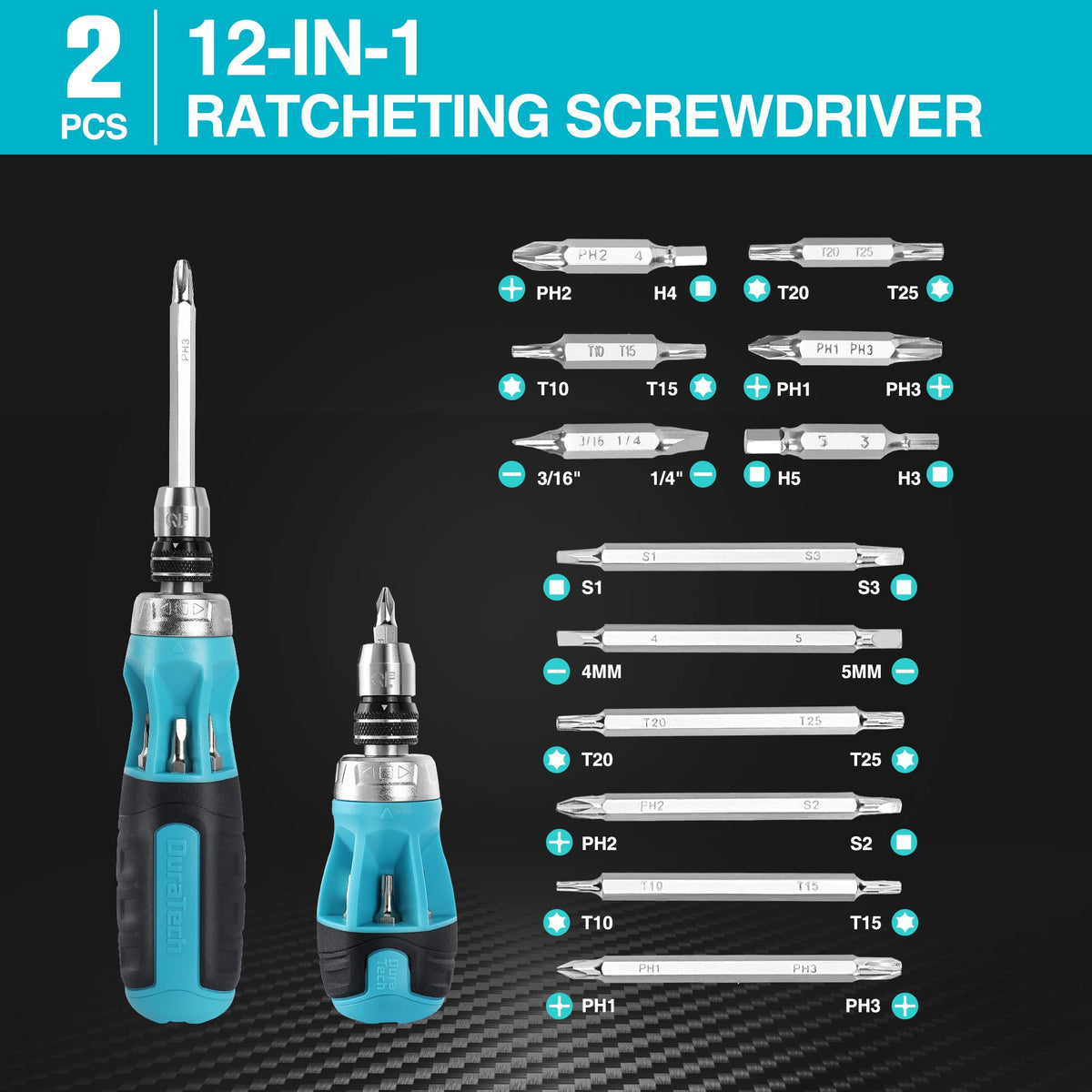 DURATECH stubby 12-in-1 ratcheting screwdriver for tight spaces and precision work.