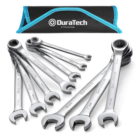DURATECH ratcheting wrench set with roll-up pouch for organized roadside repairs.
