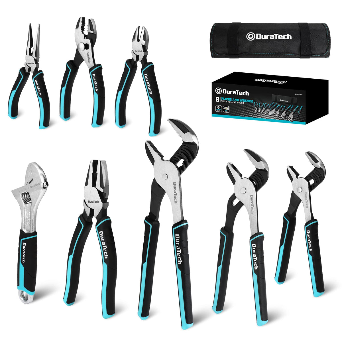 DURATECH rolling pouch with pliers set for organized storage.