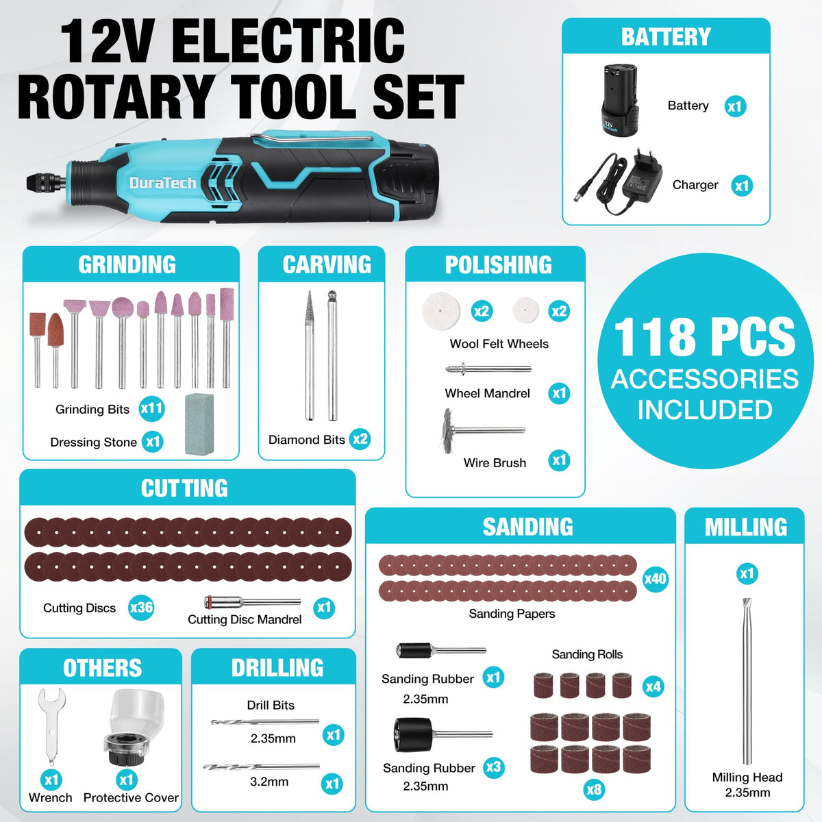 DURATECH all-in-one accessory kit for sanding, cutting, drilling, and polishing.