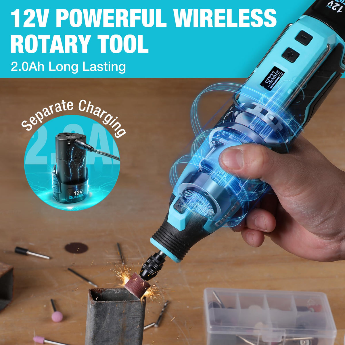 DURATECH rotary tool LED display shows speed and battery for precise control.