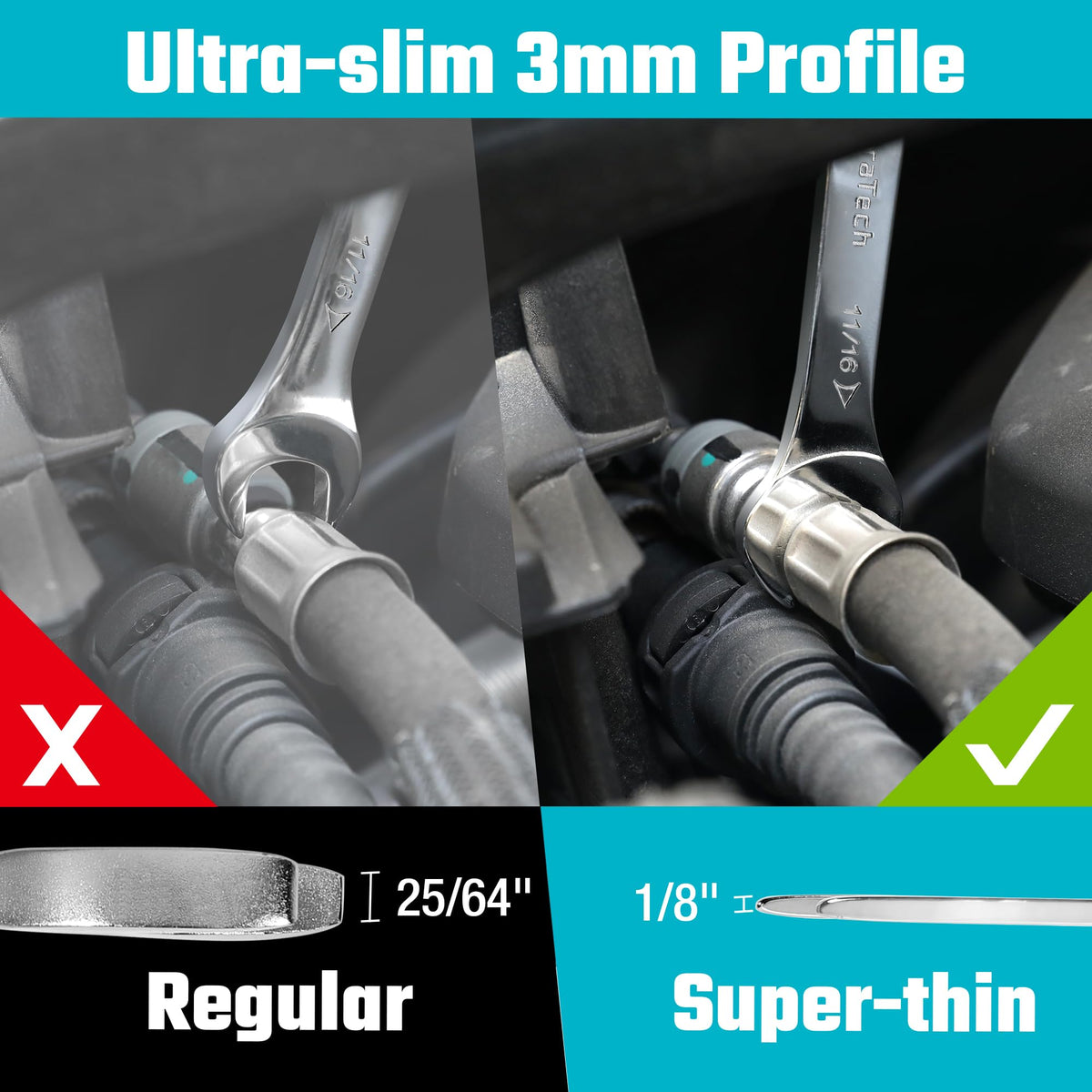 DURATECH open-end wrench set displays SAE and metric size pairs for quick selection.