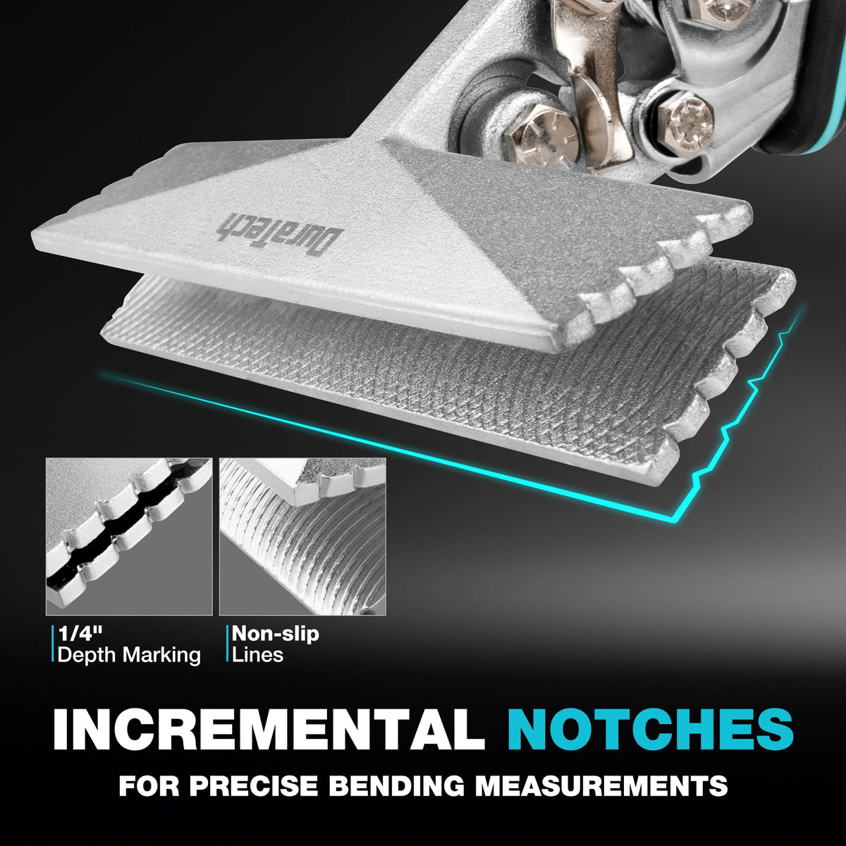 Close-up shows 1/4 inch notches for accurate clamping depth.