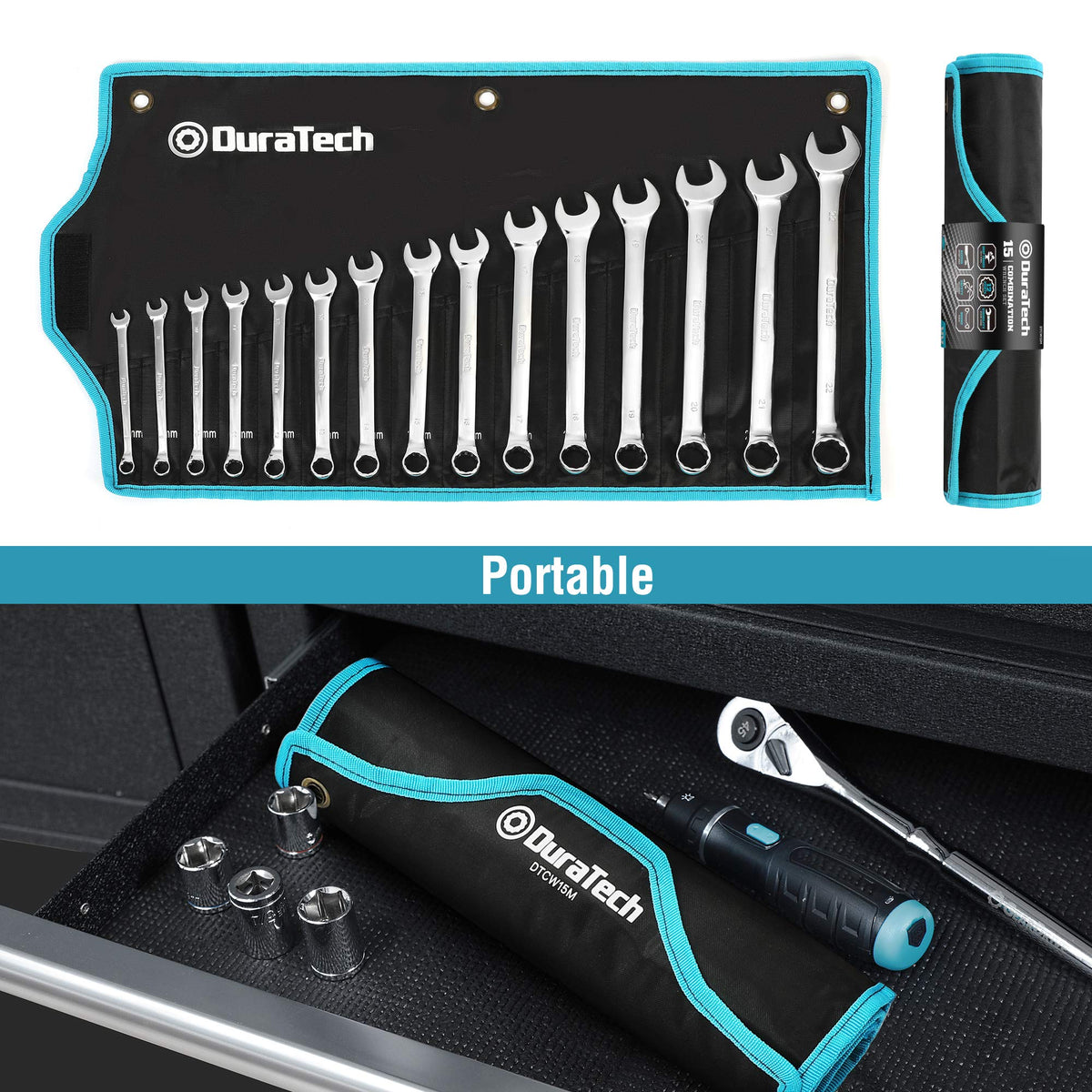 DURATECH wrench handles show sizes stamped for quick identification.