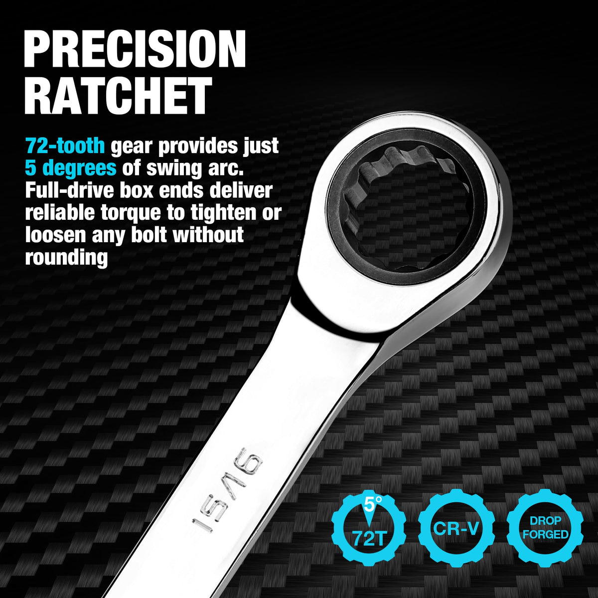 DURATECH wrench shows stamped 15/16 size for quick tool selection