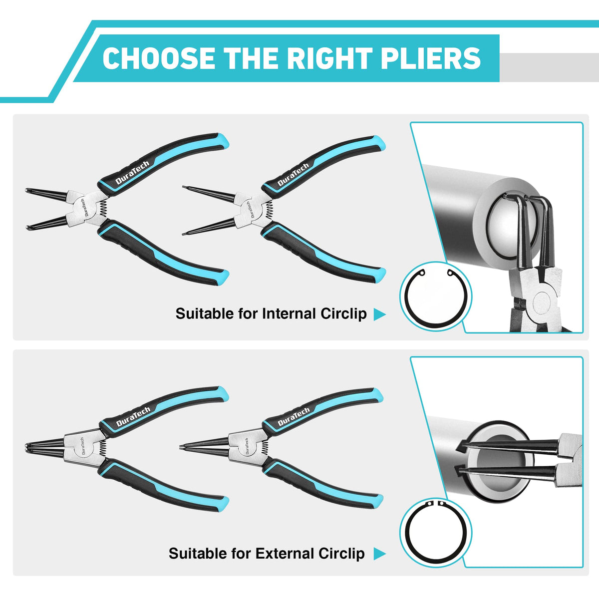 DuraTech straight external pliers enabling secure snap ring installation