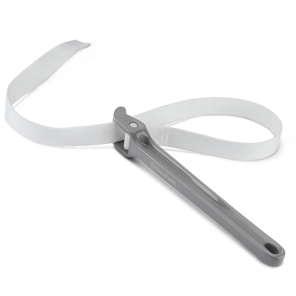 DURATECH strap wrench 12-inch handle for a secure, non-scratch grip on pipes.