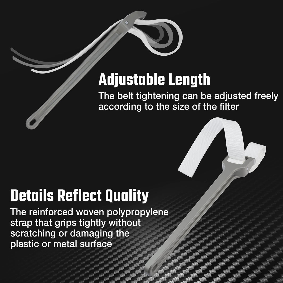 Duratech strap wrench handles plastic, metal pipes, filters, and irregular shapes