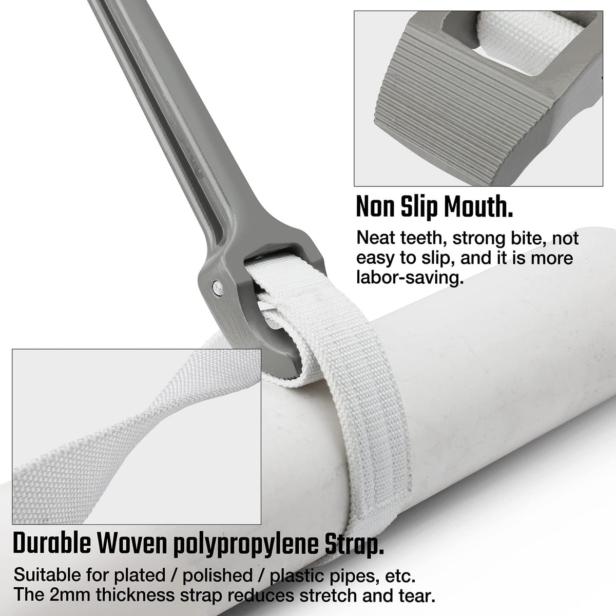 Close-up of durable nylon belt on the Duratech strap wrench for strong grip