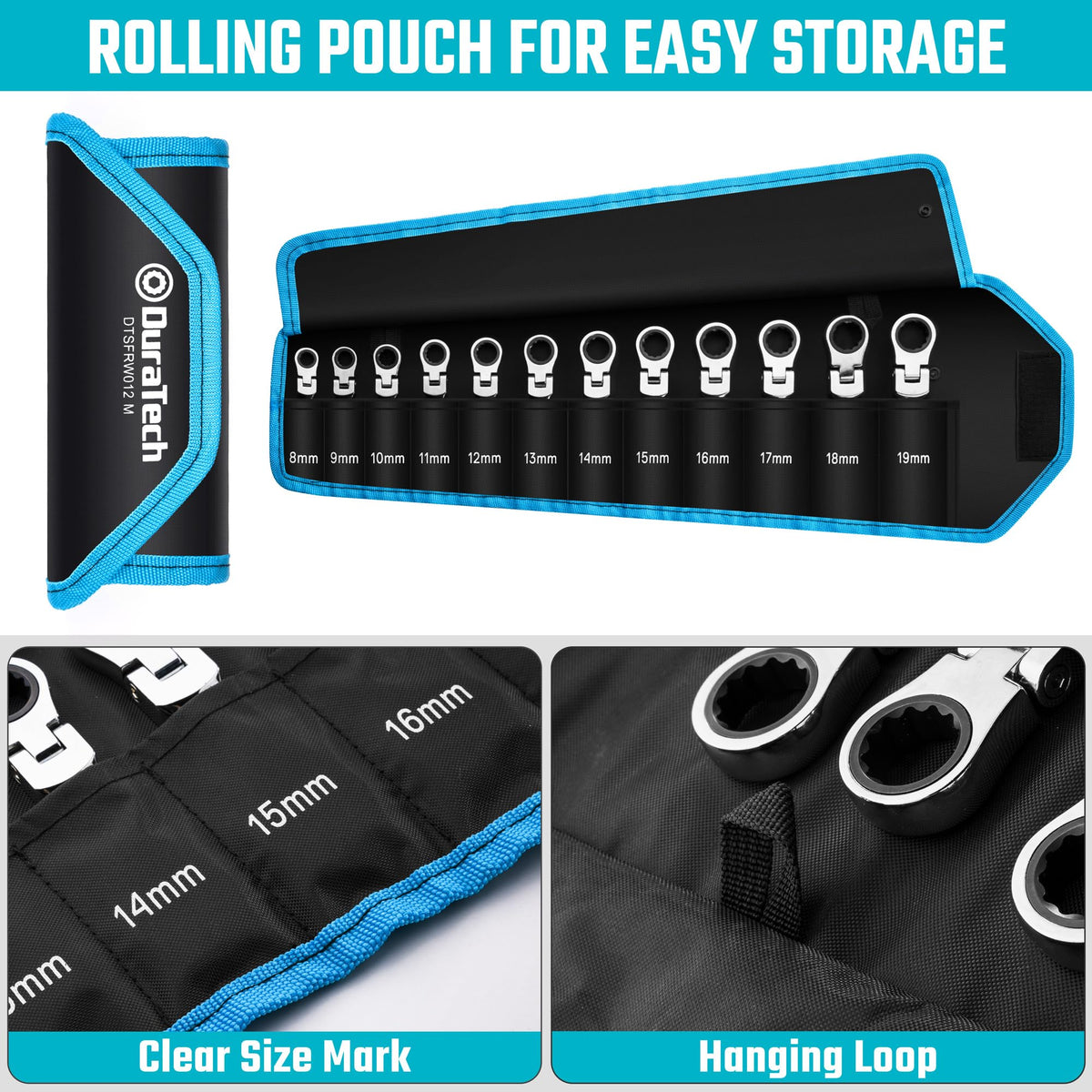 DURATECH wrench set in compact roll-up pouch for transport