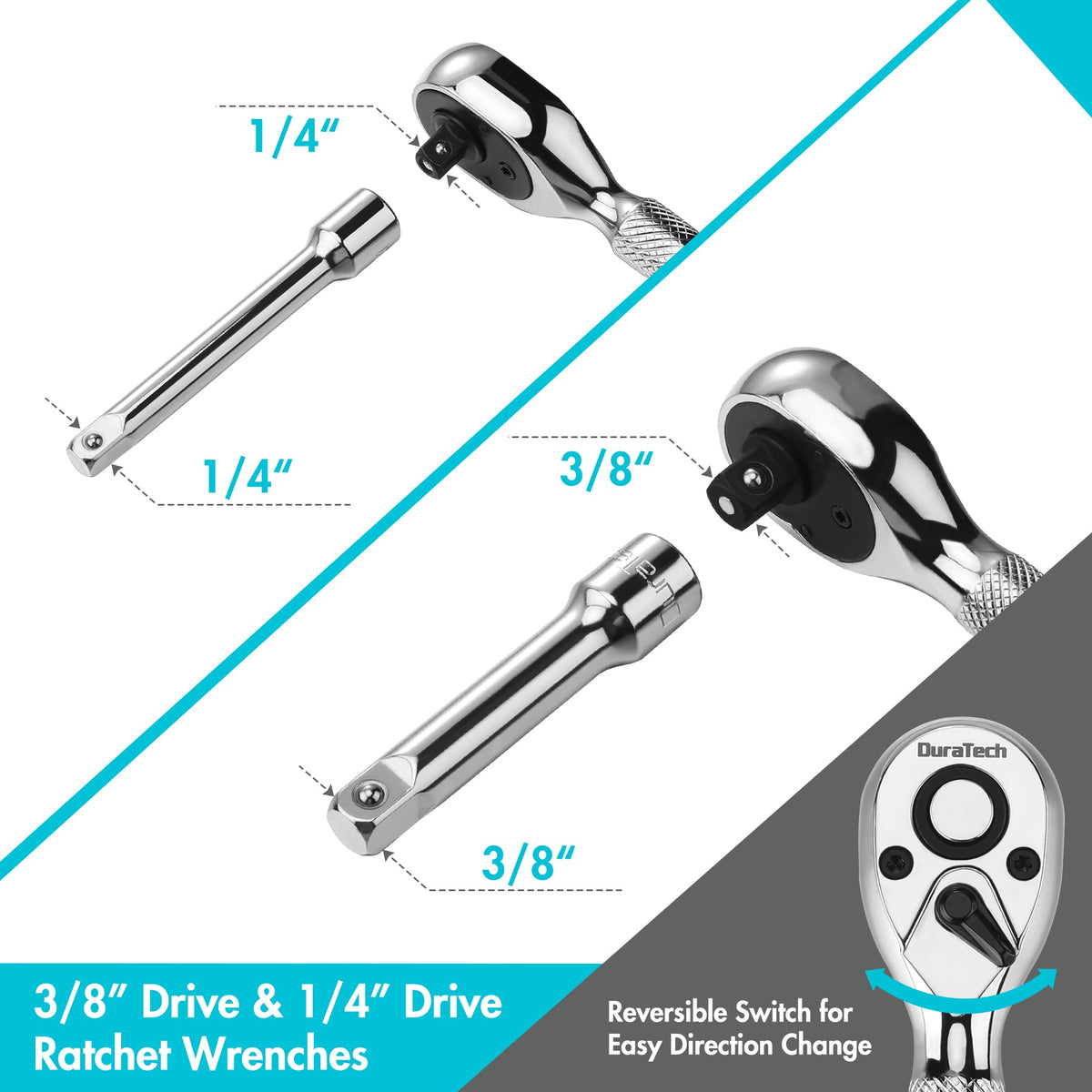 DURATECH Stubby Ratchet Set 72-tooth mechanism for smooth turns.