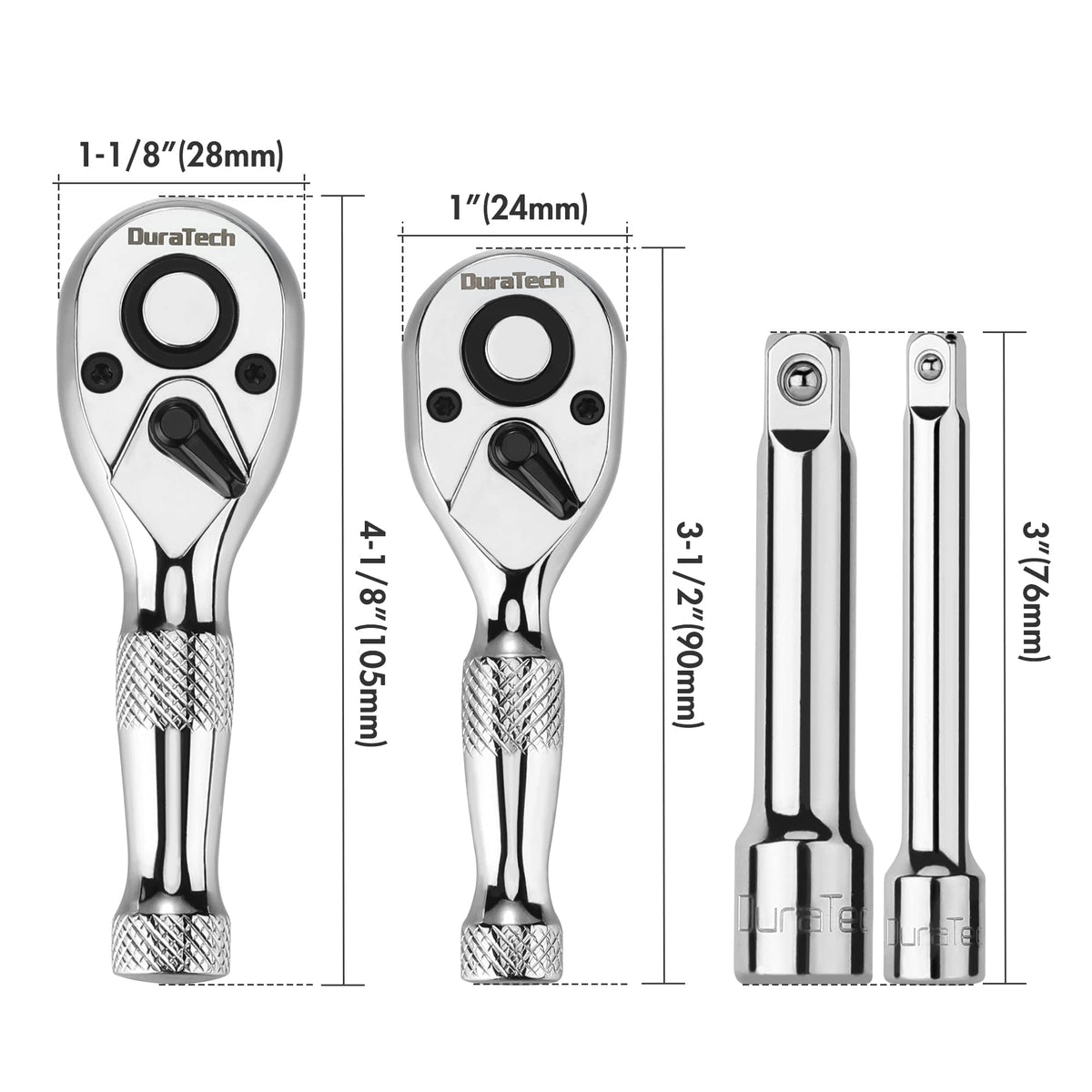 DURATECH Stubby Ratchet Set chrome finish for durability and pro look.