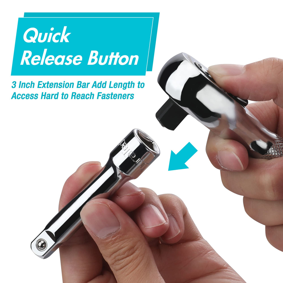 DURATECH Stubby Ratchet Set ergonomic knurled handle for fatigue-free use.