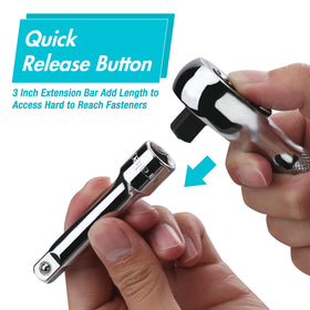 DURATECH Stubby Ratchet Set ergonomic knurled handle for fatigue-free use.