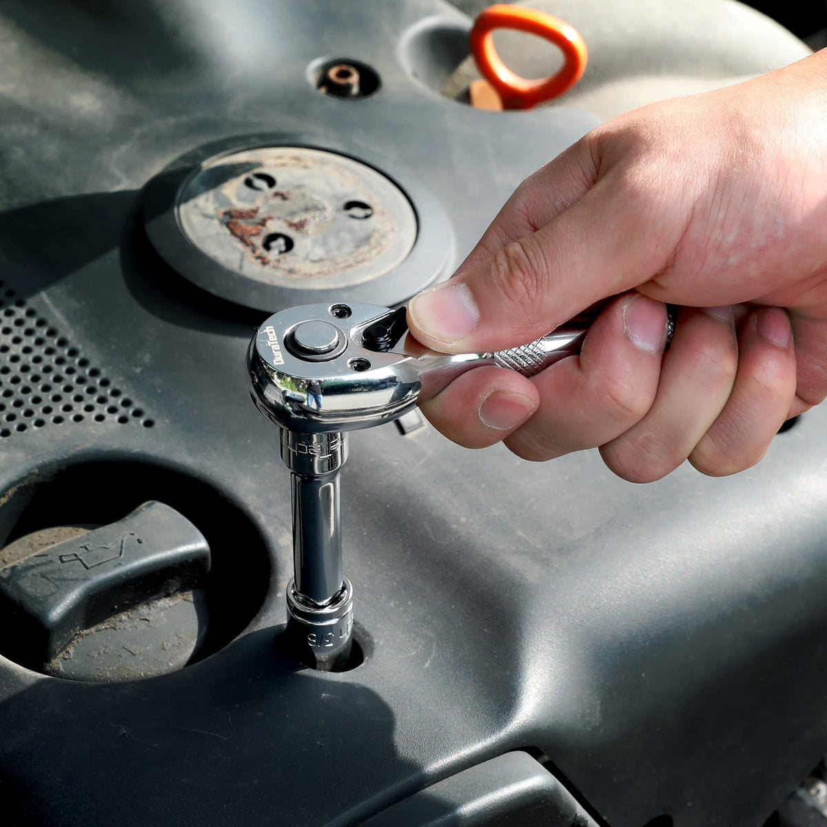 DURATECH Stubby Ratchet Set in use for furniture and automotive tasks.