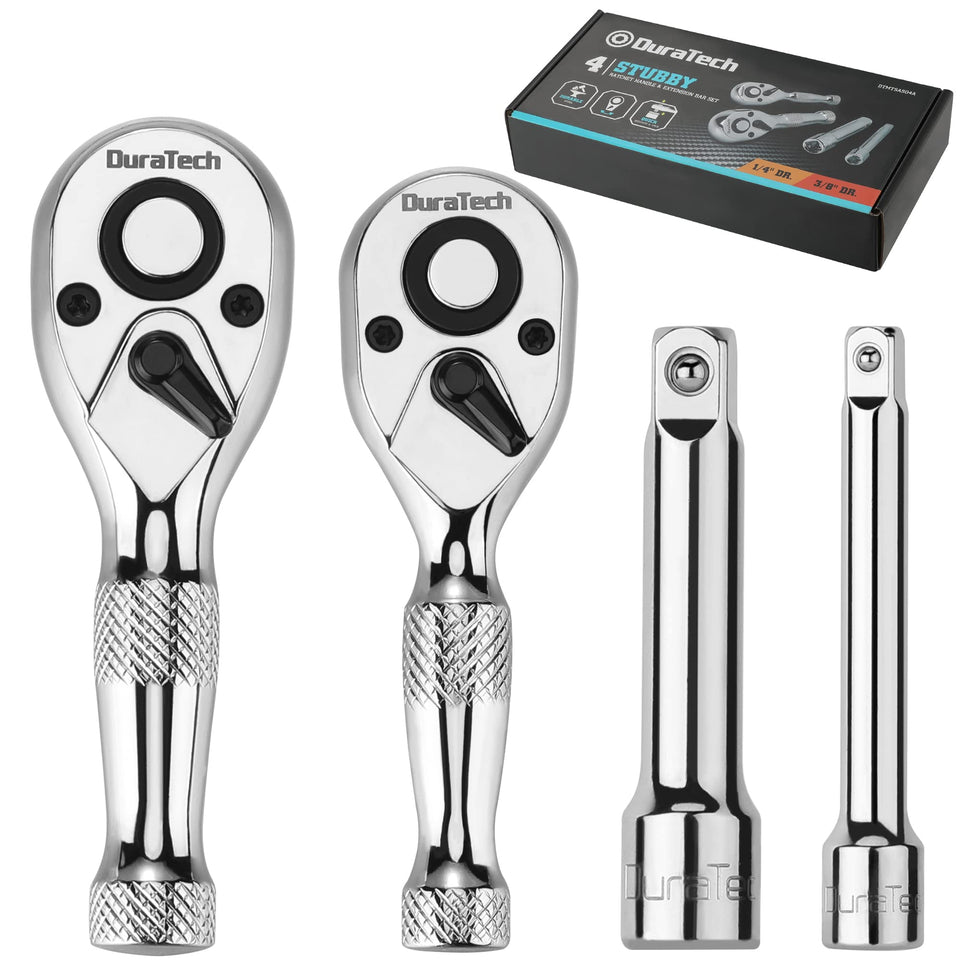 DURATECH Stubby Ratchet Set quick-release head enabling secure socket changes.