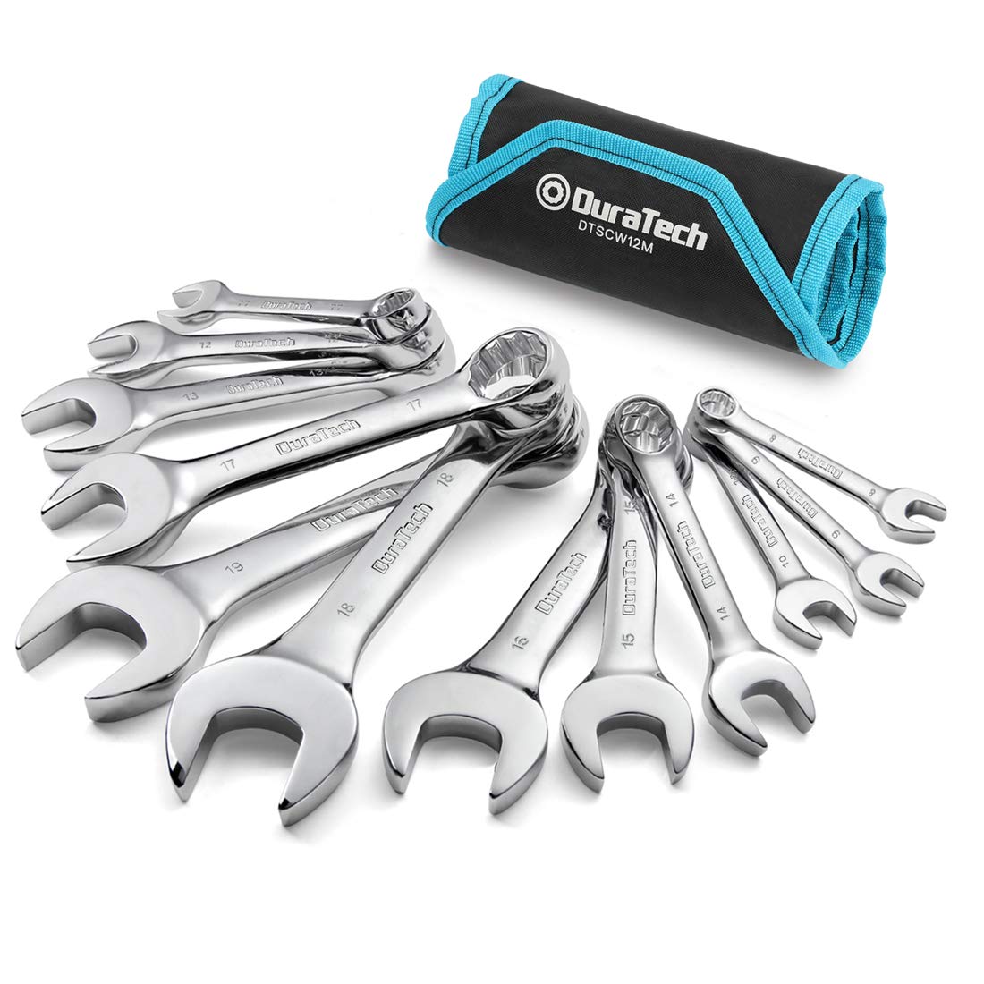 DURATECH stubby wrench set with 8-19 mm box end for tight spots.