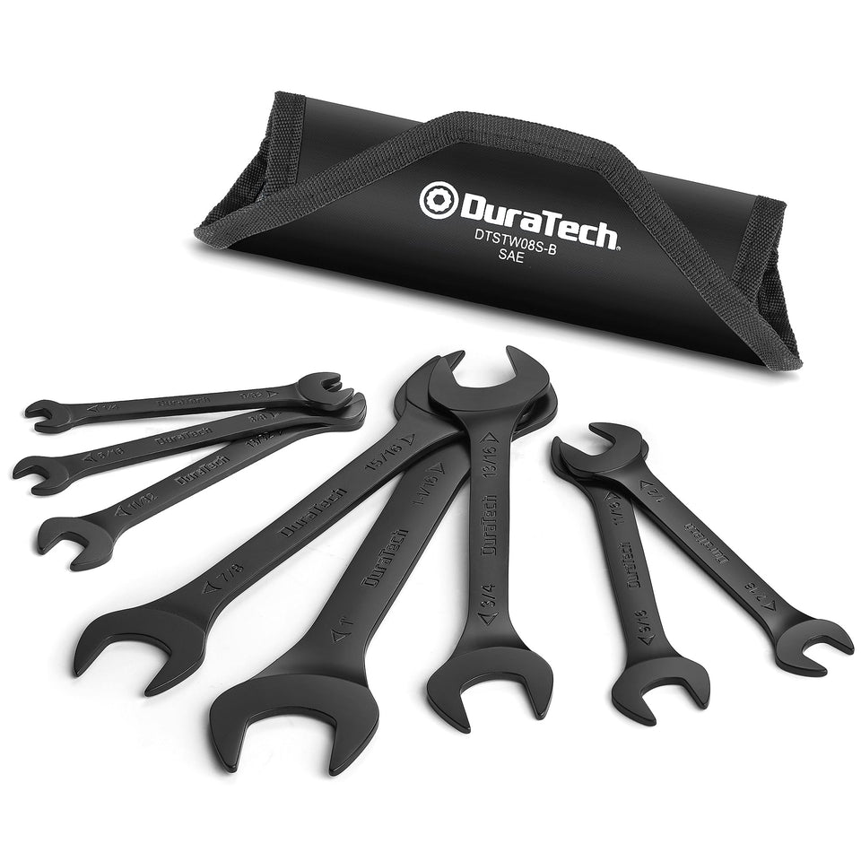 DURATECH Super-Thin Open End Wrench Set with roll pouch for easy storage and transport.