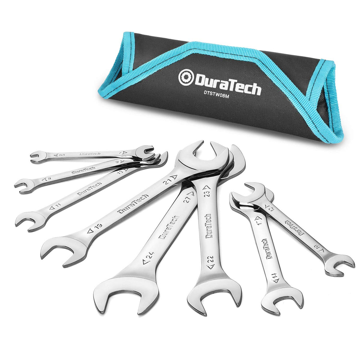 DURATECH super-thin open end wrenches with rolling pouch for easy storage and quick access.