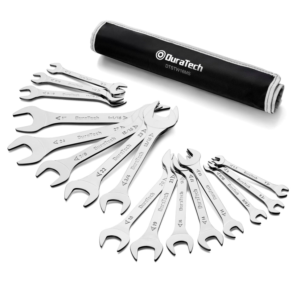 DURATECH super-thin open-end wrench set with slim profile for tight spaces and easier reach.