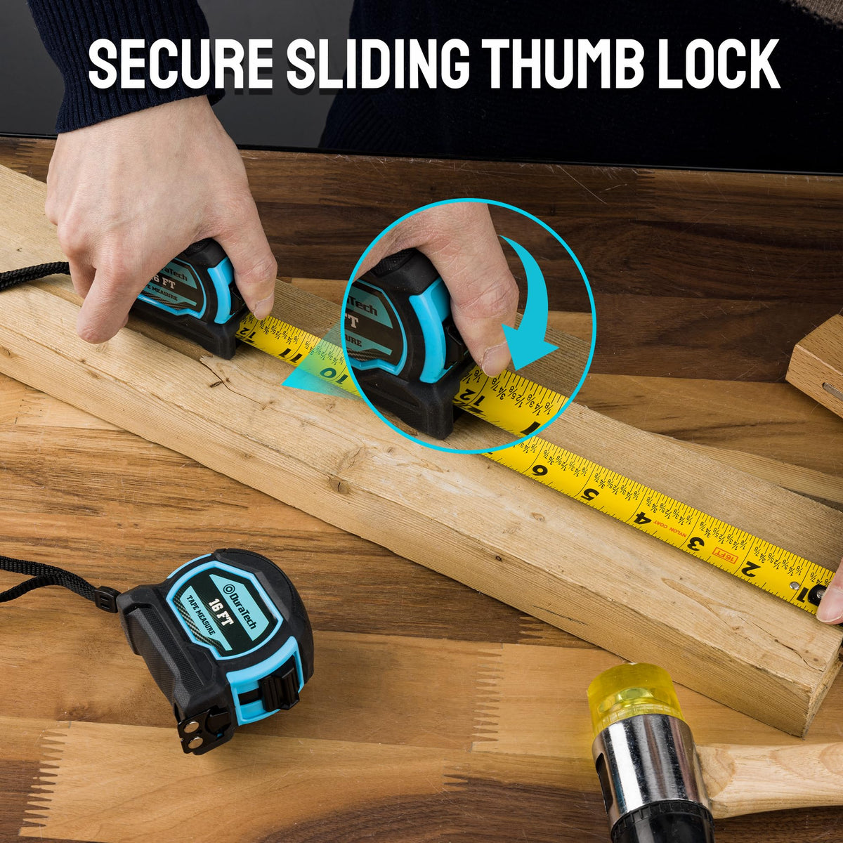 DURATECH 16ft tape featuring zero-point correction hook for inside measurements