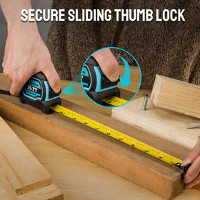 Thumb lock on the DURATECH tape measure keeps the blade steady during use