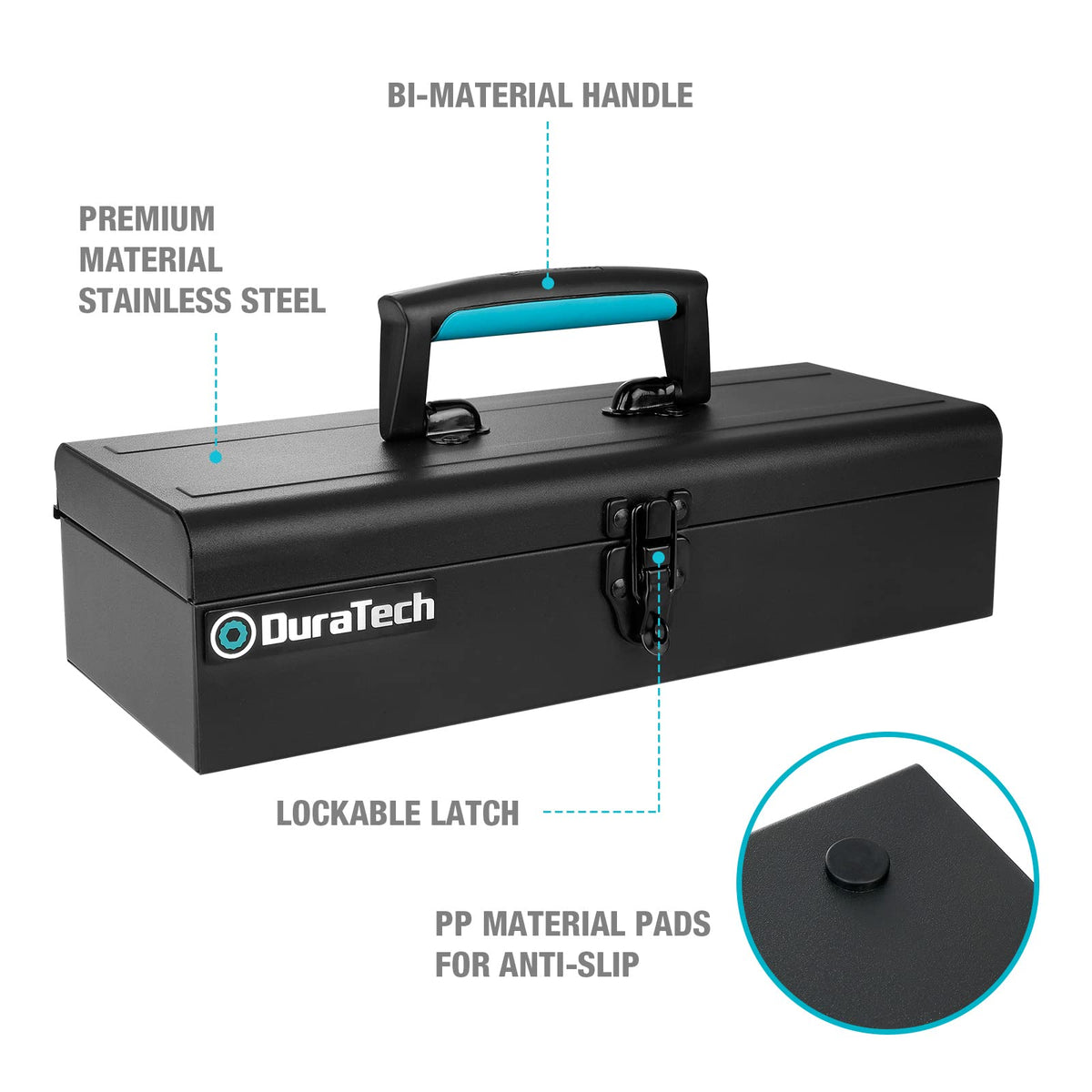 DuraTech Tool Box metal latch closure keeps tools secure during transport.