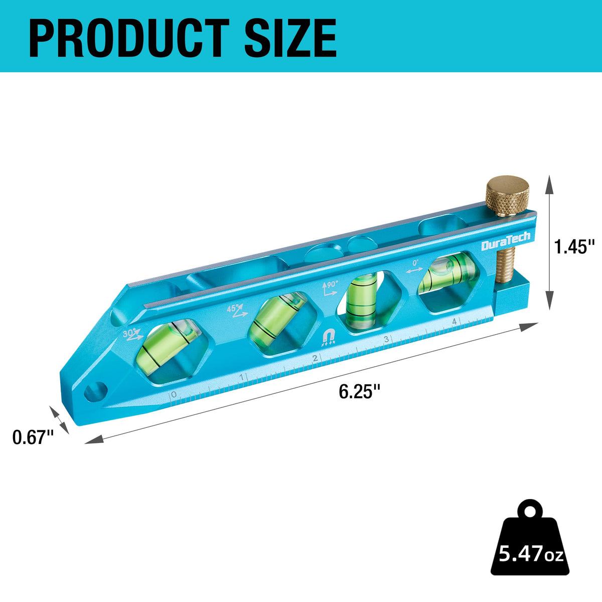 DURATECH torpedo level back view highlighting durable aluminum frame.