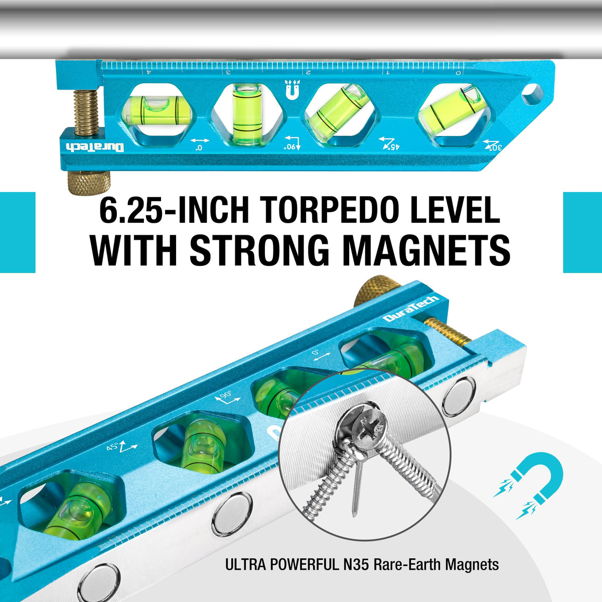 DURATECH torpedo level magnet base close-up shows strong hold.