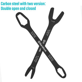DURATECH wrench set shows SAE and metric markings for quick sizing.