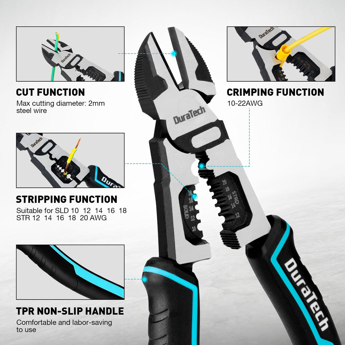 DURATECH pliers showcasing built-in wire stripper capability for multiple wire gauges.