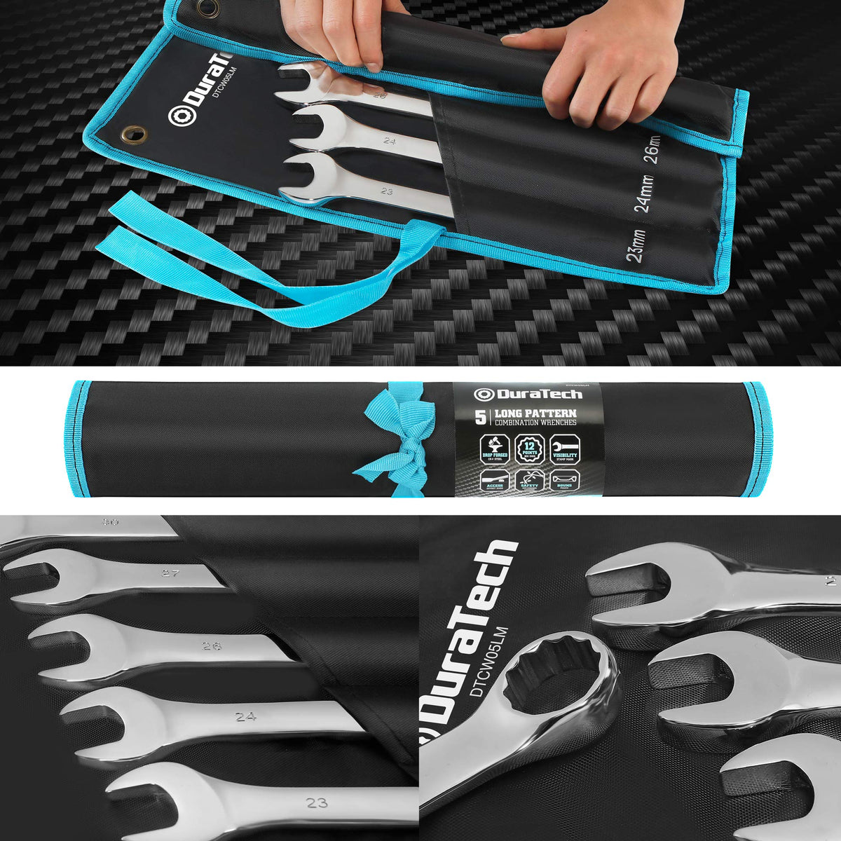 DURATECH 12-point box end stays engaged to prevent rounding.