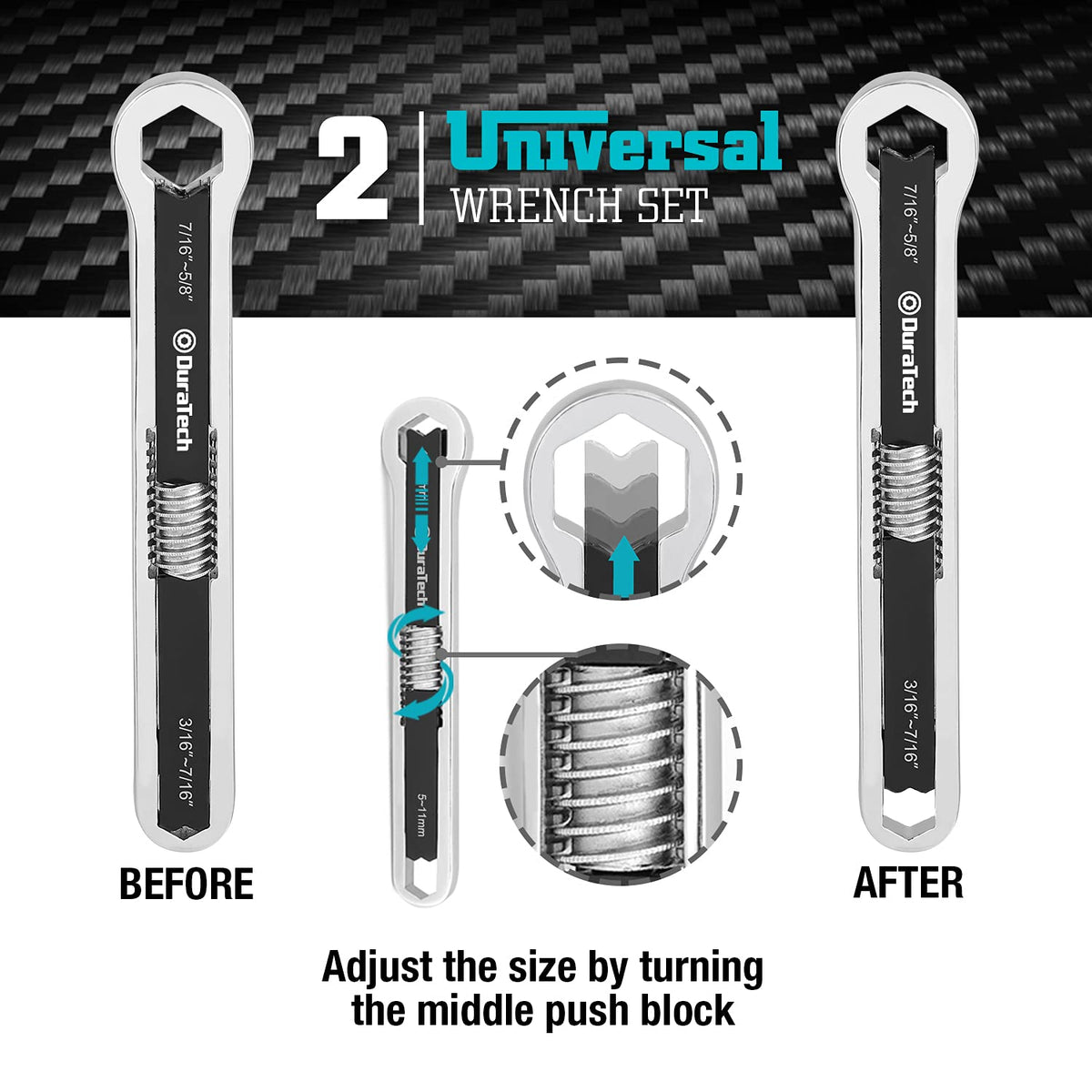DURATECH wrench with push-block adjustment for quick size changes