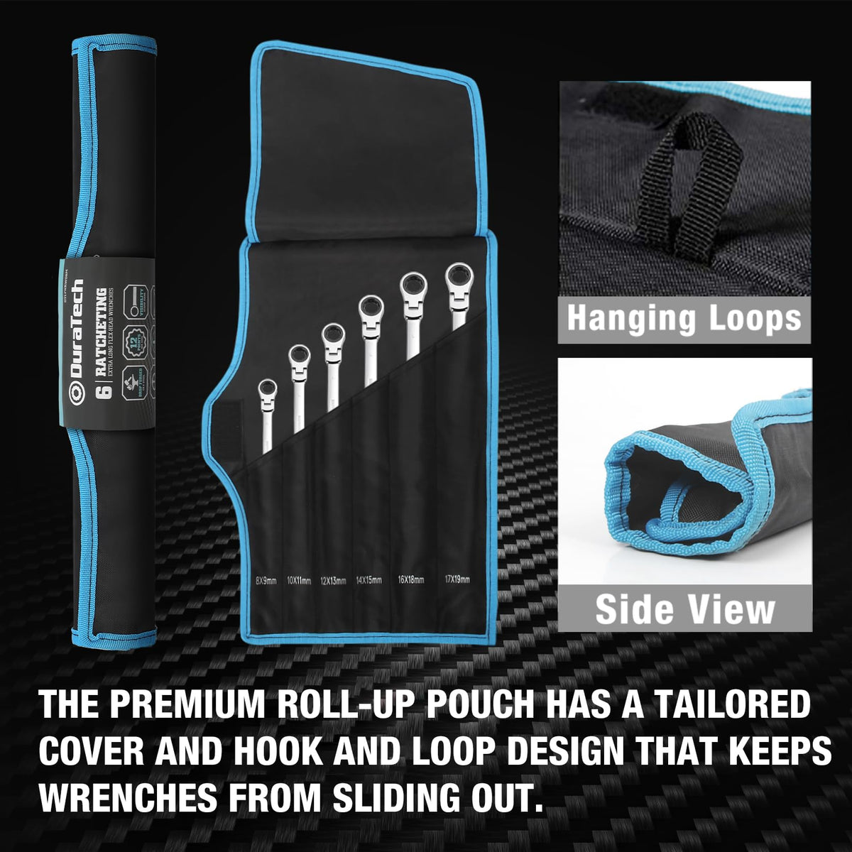DURATECH wrench set stored in car trunk for on-the-go tasks.