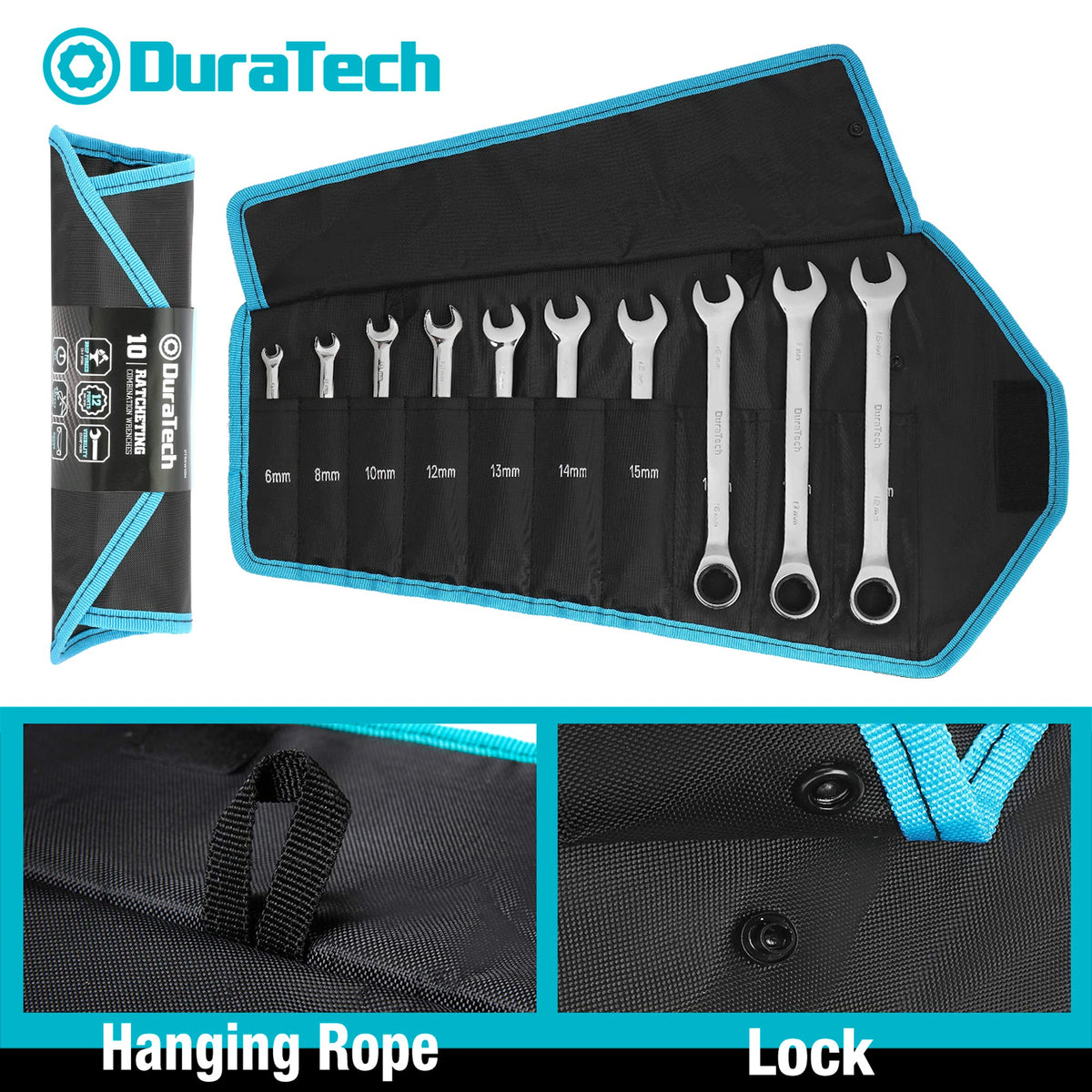 DURATECH wrench set stored securely in the sturdy roll pouch.