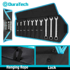 DURATECH wrench set stored securely in the sturdy roll pouch.